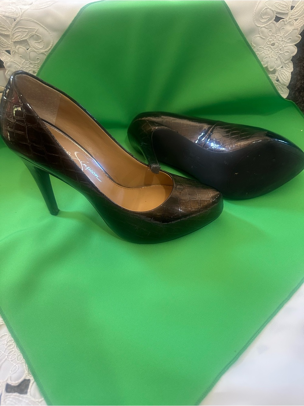 Jessica Simpson Dark Brown Croc-Embossed Platform Pumps